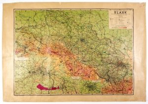 [ŚLĄSK]. Śląsk. Mapa fizyczno-administracyjna (podział adm. w/g stanu z r. 1939). Mapa barwna form. 59,8x82,7 cm