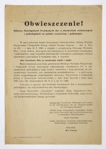 OBWIESZCZENIE! Dotyczy: Rozciągnięcia bezmięsnych dni w niemieckich restauracjach i jadłodajniach na polskie restauracje i jadłodajnie [...]. W myśl polecenia Rządu Generalnego Gubernatorstwa [...] mają wszystkie nieniemieckie restauracje i jadłodajnie [.