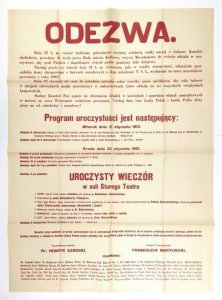 ODEZWA. Dnia 22 b. m. święcić będziemy półwiekową rocznicę ostatniej walki naszej o wolność. Komitet obchodowy, powołany do życia przez Radę miasta Krakowa, wzywa mieszkańców do wzięcia udziału w uroczystości, aby gród Piastów i Jagiellonów święcił godnie