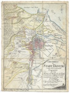 [GDAŃSK]. Grundriss der Stadt Dantzig nebst ihren umliegenden Gegenden und dem Ausfluss der Weichsel in die Ostsee nach einer genauen Aufnahme des Terrains zusammengetragen und angefertiget. Miedzioryt kolorowany form. 23,6x17,3 cm.