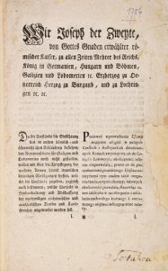 WIR JOSEPH der Zewyte [...] römischer Kaiser [...], König in Germanien [...], Galizien und Lodomerien [...]. Ponieważ wprowadzenia Ustawy względem Ubogich w naszych Czeskich  i Austryackich dziedzicznych Kraiach zwyczayney, co do Galicyi i Lodomeryi, okol