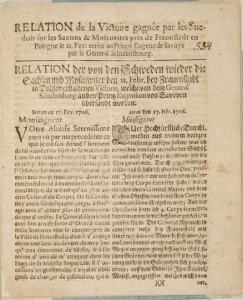 SCHULENBURG [Johann Mathias] - Relation de la Victoire gagnée par les Suedois sur les Saxons & Moscovites prés de Fraunstadt en Pologne le 12. Fev. ecrite au Prince Eugene de Savoye par le General Schoulembourg.