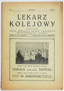 LEKARZ Kolejowy. Kwartalnik. Organ Zrzeszenia Lekarzy Kolejowych.{|br /|}R. 6, nr 4: XI 1933