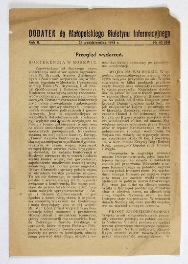MAŁOPOLSKI Biuletyn Informacyjny. [Kraków. AK]. Czasopismo konspiracyjne. R. 2, Dodatek do nr 40 (84): 24 X 1943. s. [2].