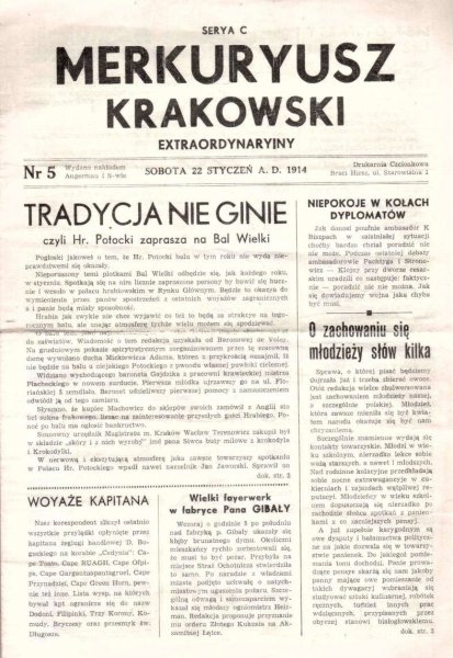 Merkuryusz Krakowski Extraordynaryjny. Nr: 22 I 1914.