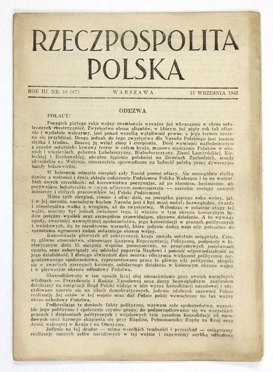 RZECZPOSPOLITA Polska. Warszawa. [Delegatura Rządu]. Dwutygodnik konspiracyjny. R. 3, nr 16 (67): 15 IX 1943.