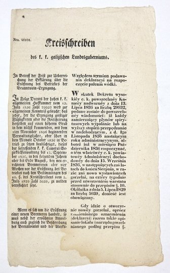KREISSCHREIBEN des k.k. galizischen Landesguberiums. Względem terminu podawania deklaracyi na rozpoczęcie palenia wódki [...]. 1836