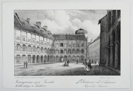 [KRAKÓW]. Wewnętrzna część Zamka Królewskiego w Krakowie. L'Interieur du Chateau Royal de Cracovie. Litografia form. 11x18 na ark. 14,9x22 cm.