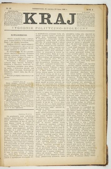 KRAJ. Tygodnik polityczno-społeczny. [R. 4], nr 1-26)-26. 1885