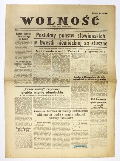WOLNOŚĆ. Gazeta Armii Radzieckiej. Red. E. Radecki. R. 5, nr 47(1041): 29 II 1948.