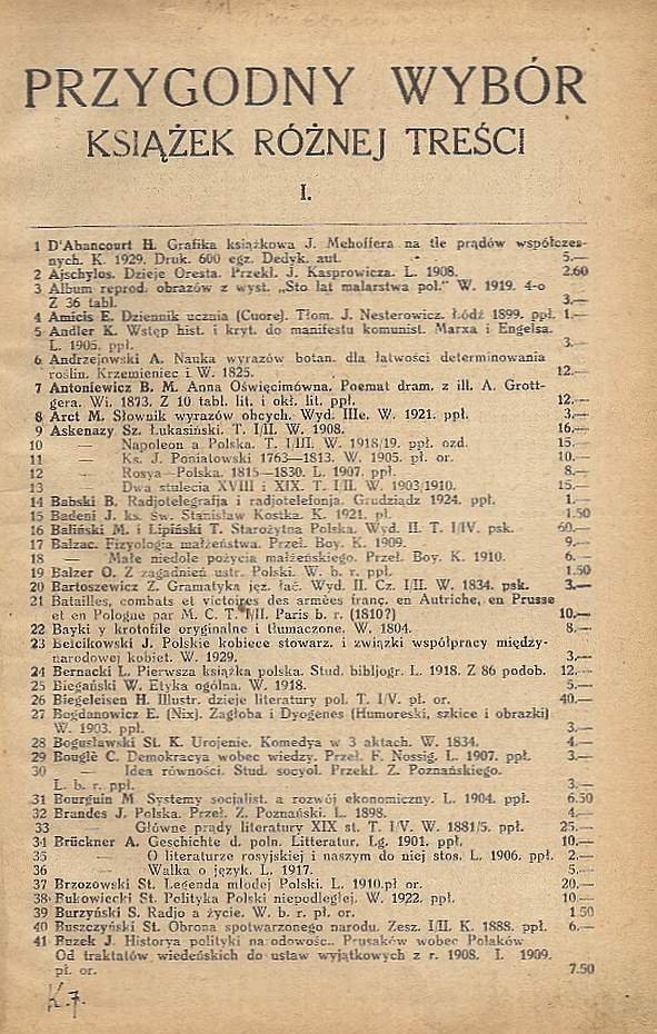 Księgarnia D. E. Friedleina w Krakowie. Dział książek starych. Przygodny wybór książek różnej treści. Nr 1-10. [lata 30. XX w.].