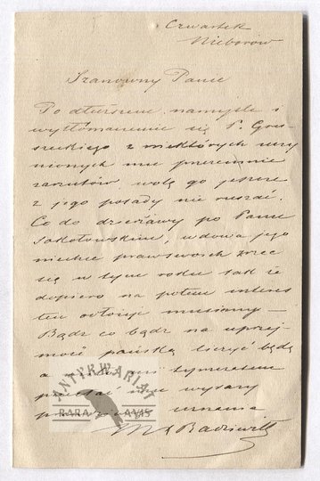 [RADZIWIŁŁ Michał Piotr]. Odręczny list Michała P. Radziwiłła do nieznanego adresata, niedatowany, pisany z Nieborowa.