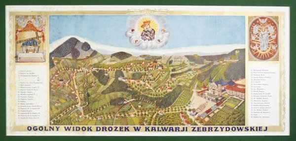 [KALWARIA Zebrzydowska]. Ogólny widok dróżek w Kalwarji Zebrzydowskiej. Panorama sanktuarium kalwaryjskiego wydana zapewne w latach 30. XX w. przez Józefa Cebulskiego w Krakowie.