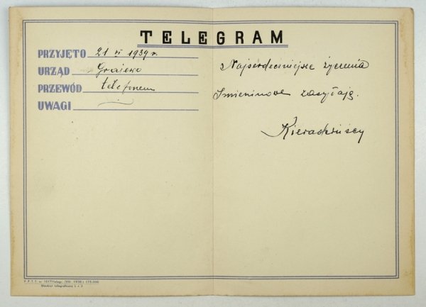 [BLANKIET telegraficzny, okolicznościowy].