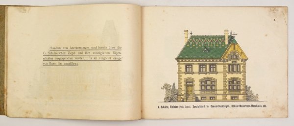 SCHULZE G., Maschinenfabrik. Musterbuch für Figuren-Dächer und Cement-Bauten mit G. Schulze's sturmsicheren Cement-Dachziegeln und Cement-Baustainen.