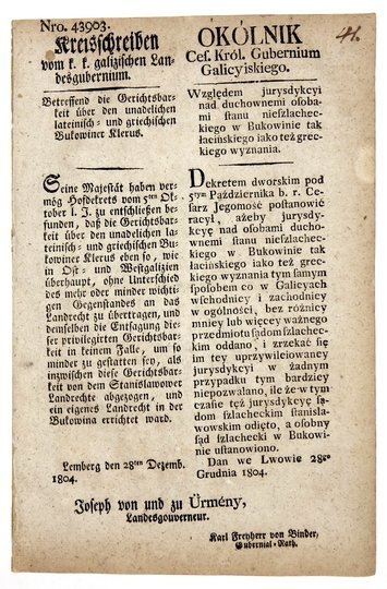 OKÓLNIK Ces. Król. Gubernium Galicyiskiego. Względem jurysdykcyi nad duchownemi osobami stanu nieszlacheckiego w Bukowinie tak łacińskiego iako też greckiego wyznania [...].