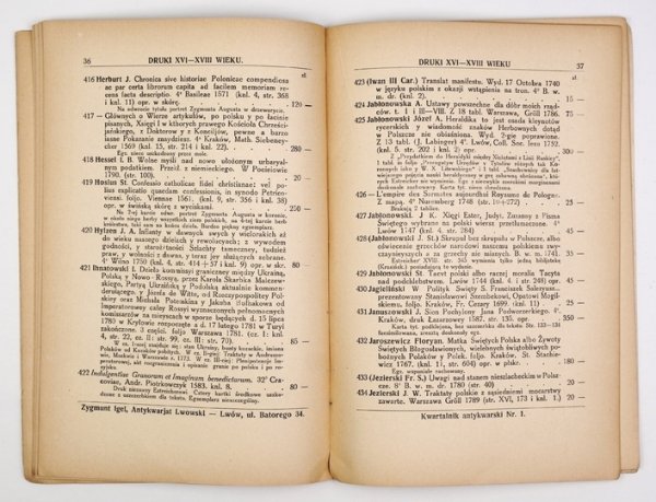 KWARTALNIK Antykwarski. Lwów. Zygmunt Igel, Antykwarjat Lwowski. Red. Dawid Igel.{|br /|}Nr 1: Bibljografja, Druki XVI-XVIII w.