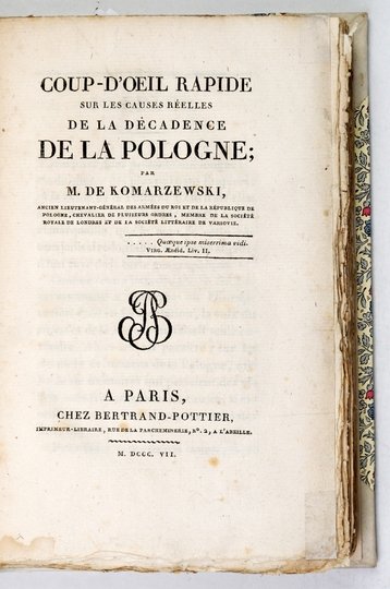 KOMARZEWSKI [Jan Baptysta] - Coup-d'oeil rapide sur les causes réelles de la décadence de la Pologne.
