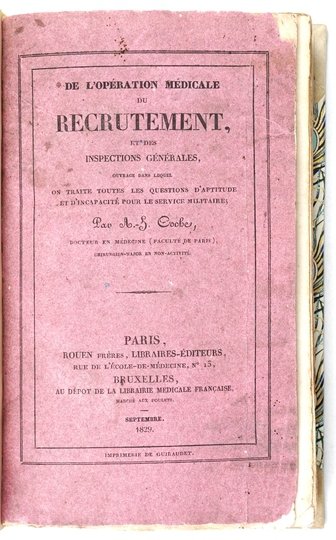 COCHE A. J. - De l'opération médicale du recrutement et des inspections générales, ouvrage dans lequel on traite toutes les questions d'aptitude et d'incapacité pour le service militaire.