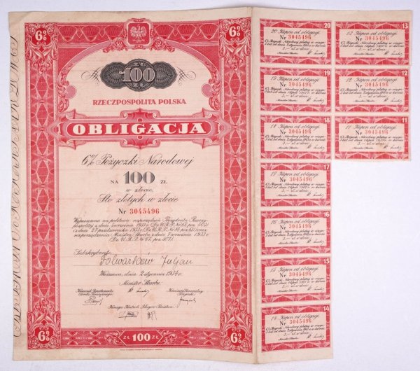 Obligacja 6% Pożyczki Narodowej na 100 zł. Sto złotych w złocie.