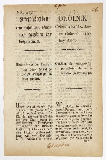 OKÓLNIK Cesarsko Królewskiego Gubernium Galicyiskiego. Ogłaszaią się teraznieysze posiadłości domu Elektora palatyńskiego [...].