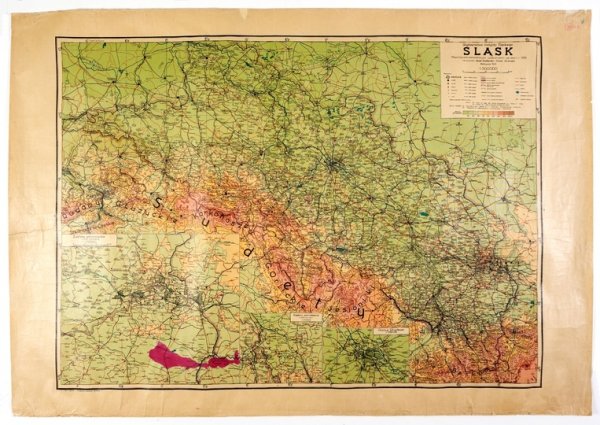 [ŚLĄSK]. Śląsk. Mapa fizyczno-administracyjna (podział adm. w/g stanu z r. 1939). Mapa barwna form. 59,8x82,7 cm