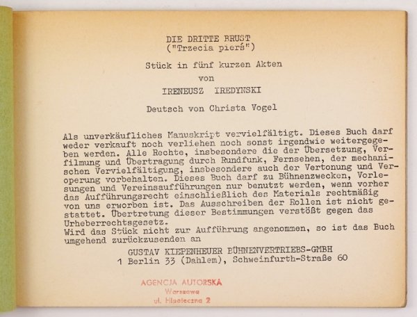 IREDYŃSKI Ireneusz - Die dritte Brust. (Trzecia piers). Stück in fünf Akten. Deutsch von Christa Vogel.