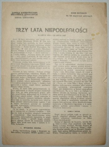 WZÓR referatu dla kół organizacji społecznych. Trzy lata niepodległości, 22 lipca 1944 - 22 lipca 1947 [...].Walka o uzdrowienie handlu wysuwa się na czołowe miejsce wśród zagadnień stojących przed nami. Dotychczasowe nasze osiągnięcia dają nam jednak pew