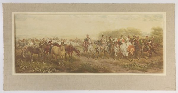 KOSSAK Juliusz (1824-1899) - Książę Józef Poniatowski zwiedza stadninę Mohorta - reprodukcja - Premia Tow. Przyjaciół Sztuk Pięknych w Krakowie za rok 1912