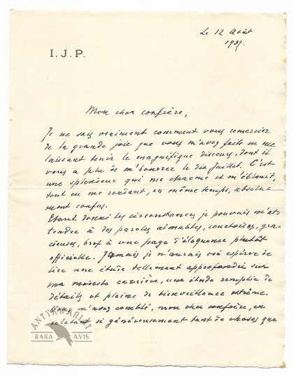 [PADEREWSKI Ignacy Jan]. Odręczny list Ignacego Jana Paderewskiego po francusku do francuskiego kompozytora Gustawa Samazeuilha, dat. 12 VIII 1937, wysłany z Morges w Szwajcarii.