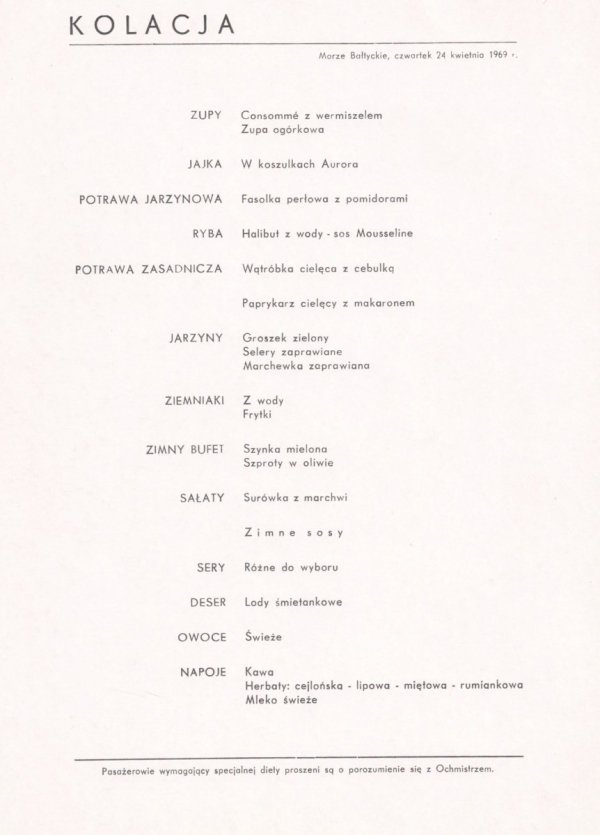 M/S Batory. Menu. Rejs Morze Bałtyckie, czwartek 24 kwietnia 1969