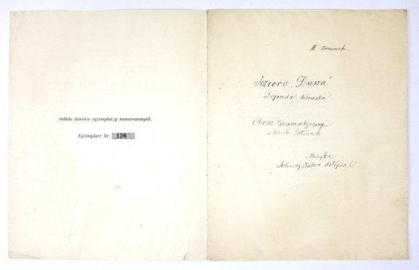BRZOZOWSKI Karol - Jezioro &quot;Dusza&quot;. Legenda litewska. Obraz dramatyczny w trzech odsłonach. Muzyka Mieczysława Sołtysa.