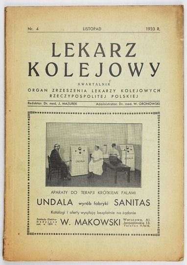 LEKARZ Kolejowy. Kwartalnik. Organ Zrzeszenia Lekarzy Kolejowych.{|br /|}R. 6, nr 4: XI 1933