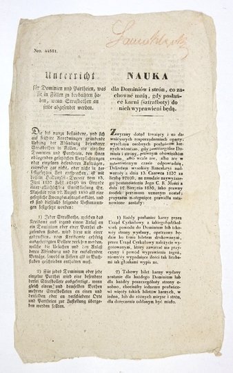 NAUKA dla Dominiów i stron, co zachować maią, gdy posłańce karni (sztrafboty) do nich wyprawieni będą [...]. Lwów, 19 IX 1837