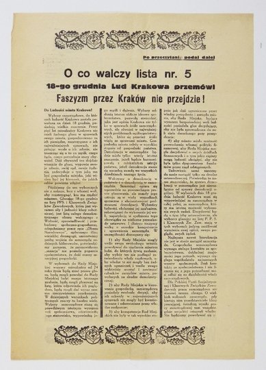 O CO walczy lista nr. 5. 18-go grudnia Lud Krakowa przemówi! Faszyzm przez Kraków nie przejdzie! Do Ludności miasta Krakowa! Wybory samorządowe [...] posiadają wielkie znaczenie. Przez pięć lat mieszkańcy Krakowa nie mieli żadnego głosu w sprawach swego m