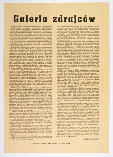 GALERIA zdrajców. W antypolskiej działalności dywersyjnych ośrodków imperialistycznych szczególną rolę odgrywa syjonistyczny wywiad Izraela [...]. Obecnie pragniemy omówić niektóre z tych postaci bardziej szczegółowo oraz zastanowić się nad przyczynami, k