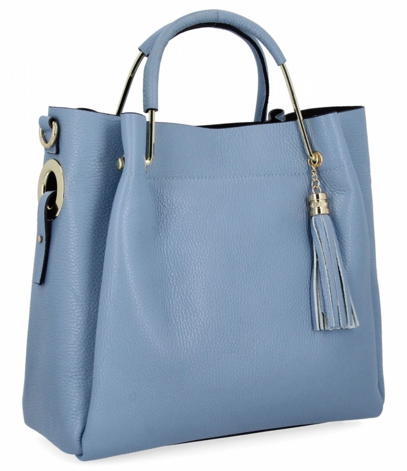 Klasyczna Torebka Skórzana Kuferek z Kosmetyczką Jasno Niebieska