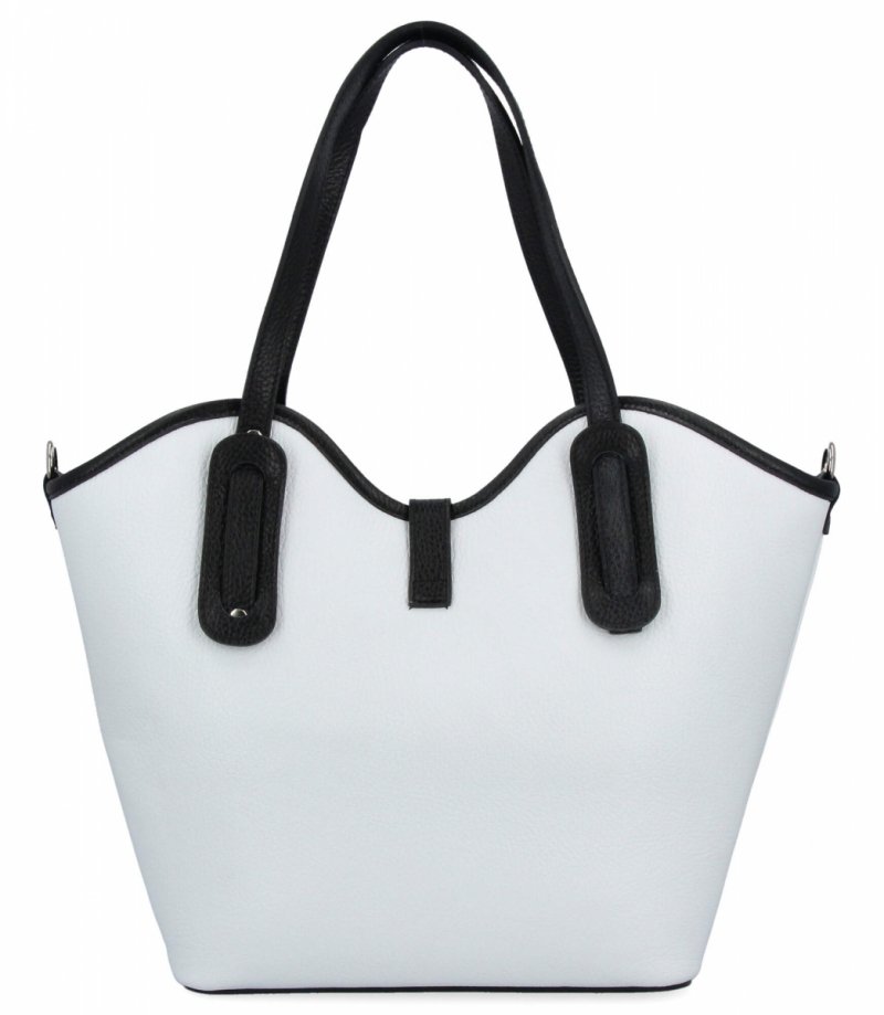 Elegancka Torebka Skórzana Shopper Bag Biała/Czarna