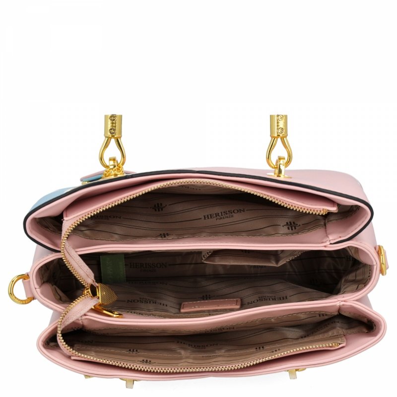 Modna Torebka Damska Kuferek 3 Komory firmy Herisson Pudrowy Róż/Błękitna