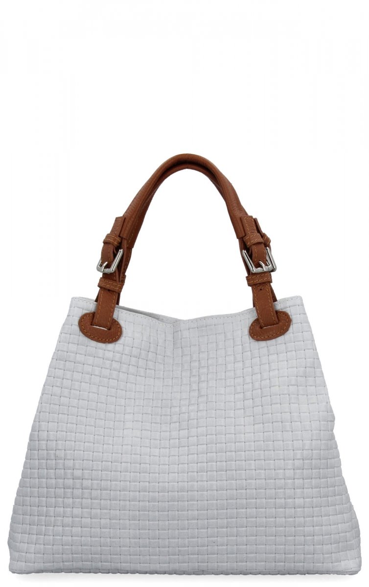 Stylowa Torebka Skórzana Shopper Bag Biała/Ruda