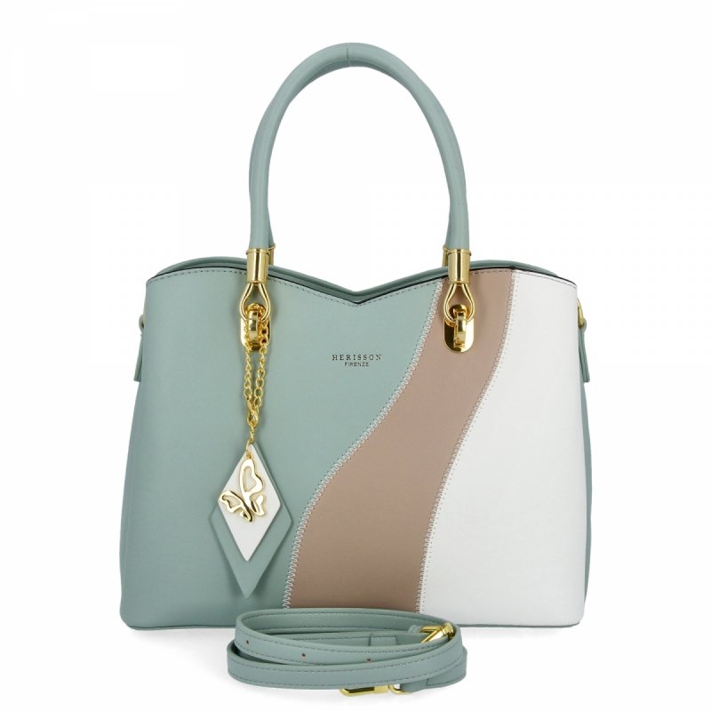 Modna Torebka Damska Kuferek 3 Komory firmy Herisson Miętowa/Biała
