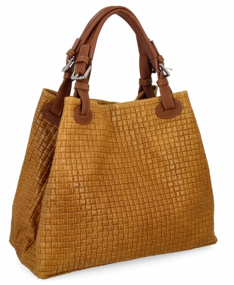 Stylowa Torebka Skórzana Shopper Bag Musztarda