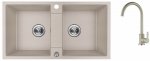 AQUAFORM - zlewozmywak granitowy MARANELLO 440 X 800 X 185 - 2 komory, BEŻOWY + syfon oszczędzający miejsce z korkiem automatycznym + bateria stojąca z wylewką U  AQ.901-2002504