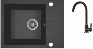 AQUAFORM - zlewozmywak granitowy MARANELLO 440 X 570 X 215 - 1 komora z 1/2 ociekacza, CZARNY MONO + syfon oszczędzający miejsce z korkiem automatycznym  AQ.901-101 + bateria stojąca z wylewką U  AQ.901-1019502