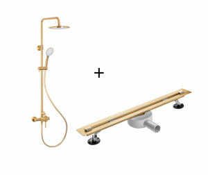 ARMATURA KRAKÓW KFA MOZA BRUSHED GOLD deszczownia z baterią natryskową 5036-910-31+ Odpływ liniowy 70cm złoty RSP01GL700 