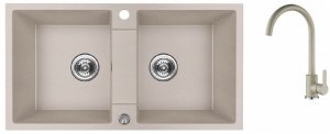AQUAFORM - zlewozmywak granitowy MARANELLO 440 X 800 X 185 - 2 komory, BEŻOWY + syfon oszczędzający miejsce z korkiem automatycznym + bateria stojąca z wylewką U  AQ.901-2002504