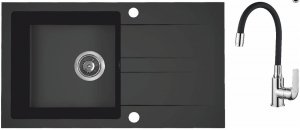 AQUAFORM - zlewozmywak granitowy MARANELLO 440 X 760 X 194 - 1 komora z ociekaczem, CZARNY MONO + syfon oszczędzający miejsce z korkiem automatycznym + bateria stojąca z wylewką elastyczną  AQ.901-1019505