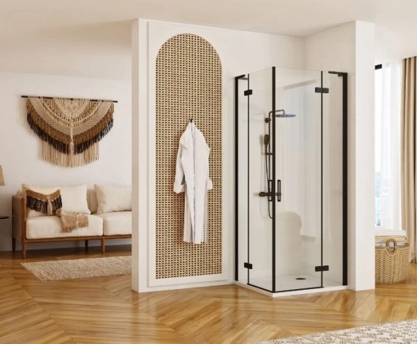 REA - Kabina narożna - drzwi podwójne prysznicowe składane, łamane HUGO DOUBLE 100x100 Black / Czarne 