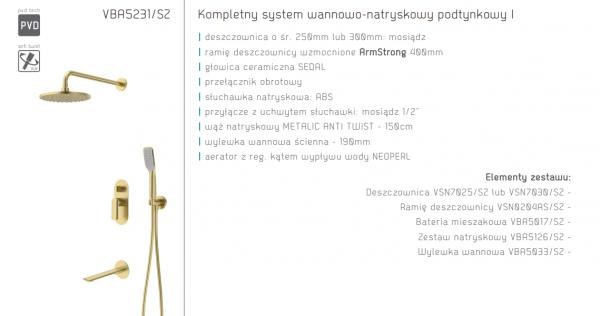 VEDO System wannowo-natr. podtynkowy deszczownica 300mm I ALETTA SPAZZO złoto szczotkowane/ Nr KAT: VBA5231/SZ