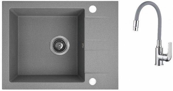 AQUAFORM - zlewozmywak granitowy MARANELLO 440 X 570 X 215 - 1 komora z 1/2 ociekacza, SZARY + syfon oszczędzający miejsce z korkiem automatycznym + bateria stojąca z wylewką elastyczną  AQ.901-1013506